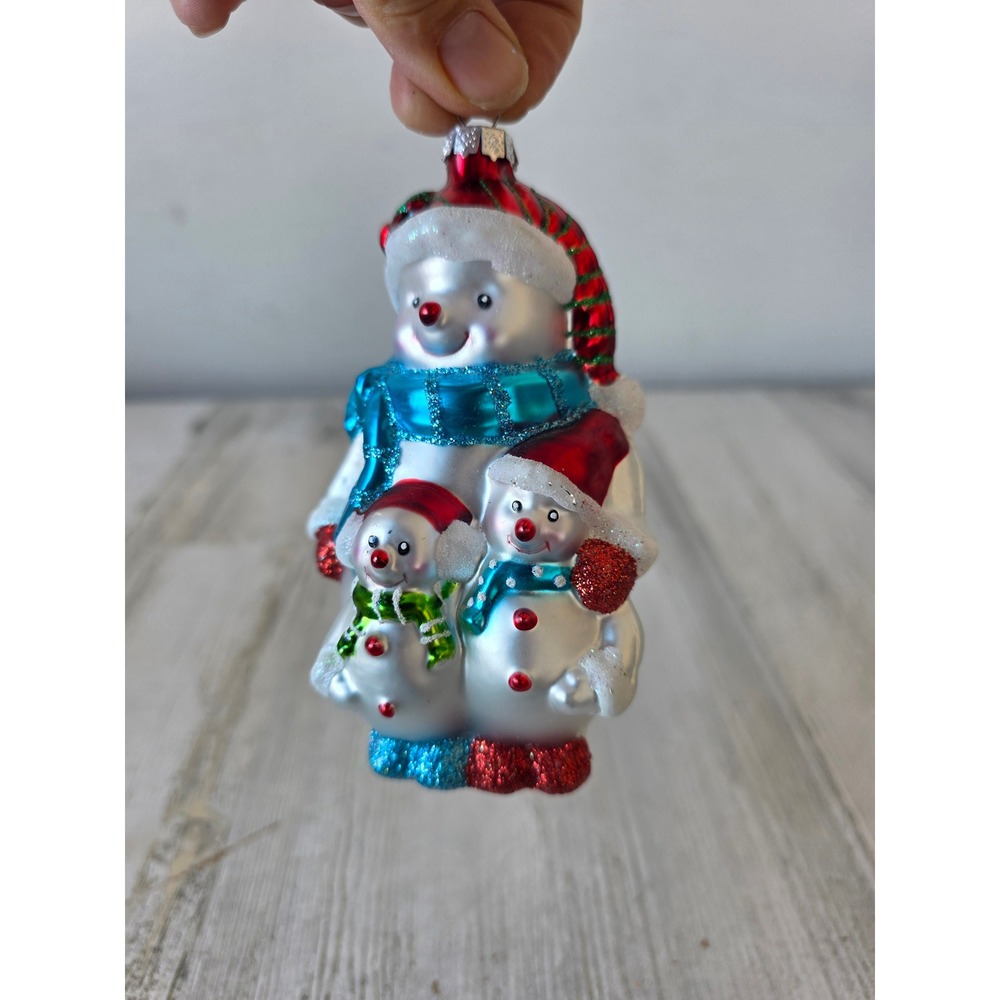 Vintage glass snowman family glitter‎ ornament Xmas tree blue red white